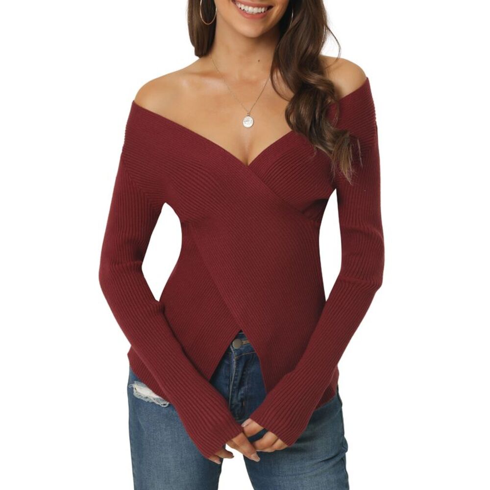 Wrap Sweater Ribbed Long Sleeve V Neck Criss Cross Tops Red